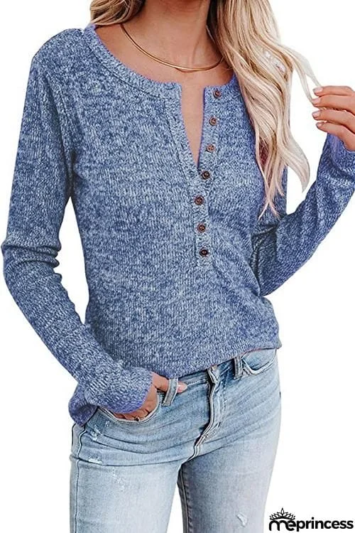 Button O Neck Knit Long Sleeve Top