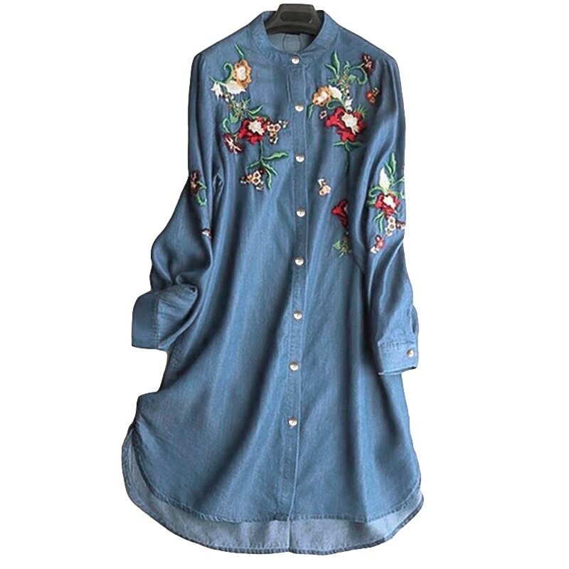 2022 ZANZEA Fashion Denim Blue Shirt Vestidos Women's Embroidery Blouse Casual Long Sleeve Blusas Female Button Tunic Oversized