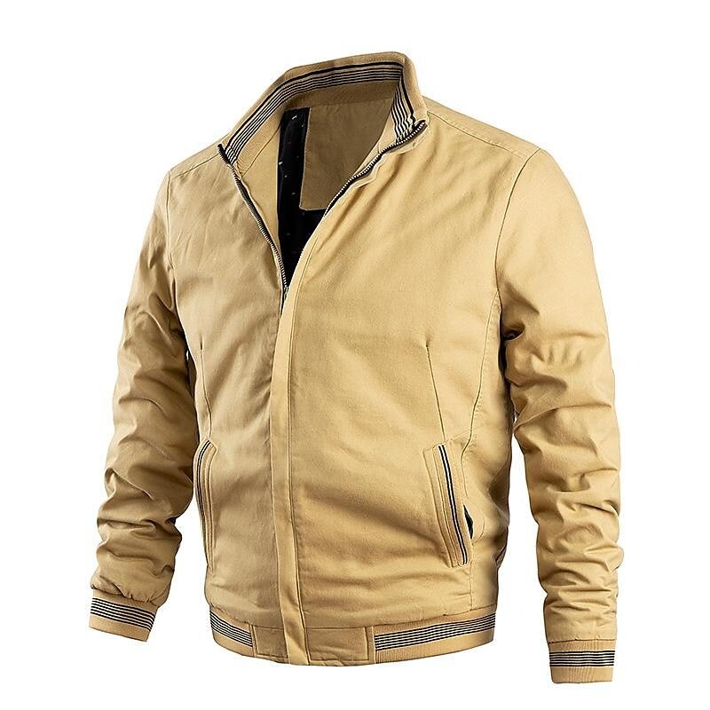Rogoman Men's Solid Color Full Zip Casual Jacket With Contrasting Color Details