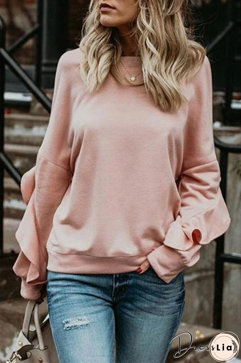 Solid Color Ruffle Round Neck Top