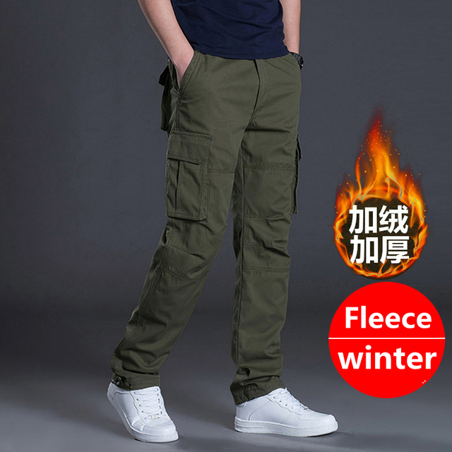 Winzsparks Winter Fleece Warm Tactical Pants Zipper Cotton Trousers Loose Army Green Cargo Pants Men Casual Plus Thicken Tooling Pants Size