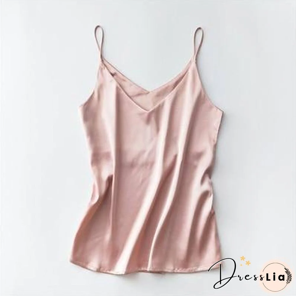 Summer Solid Sleeveless Crop  Casual Camis Tank Tops Ladies V-Neck  Female Vest  Women Imitation Silk Blouses