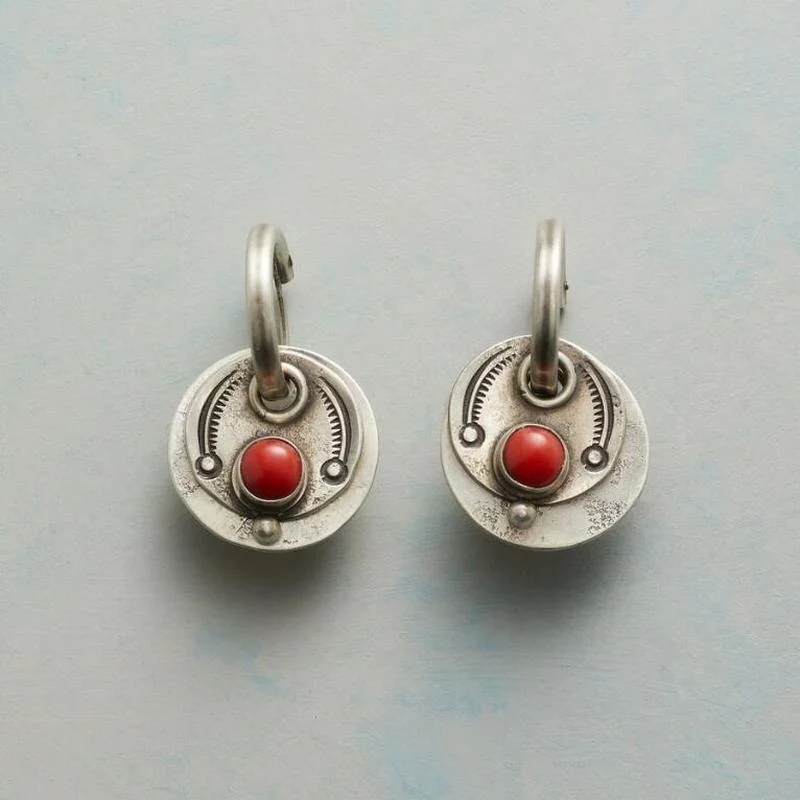 Vintage Boho Metal Hand Carved Pattern Earrings Set Round Red Stone Women Wedding Ear Drop Earring Jewelry Gifts