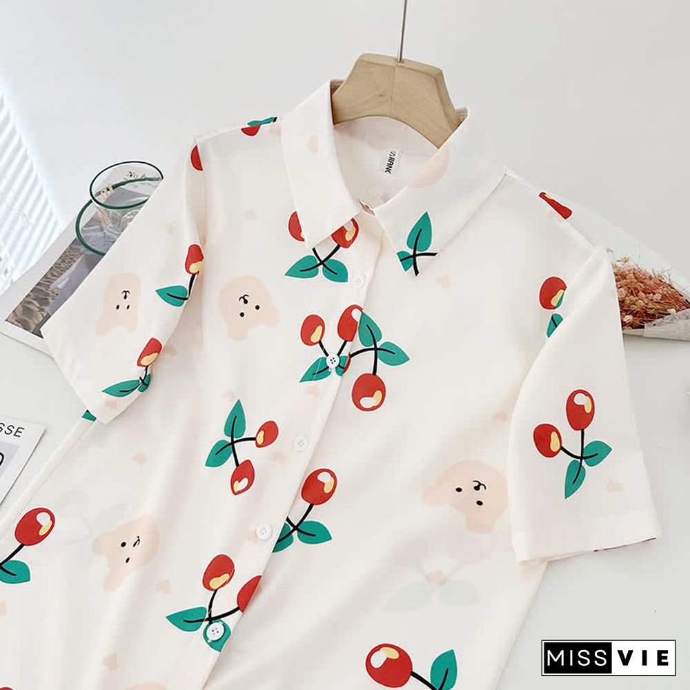 Cartoon Print Lapel Short Sleeve Loose Shirt