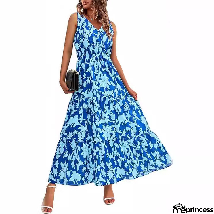 V-Neck Sleeveless Printed Maxi Dress