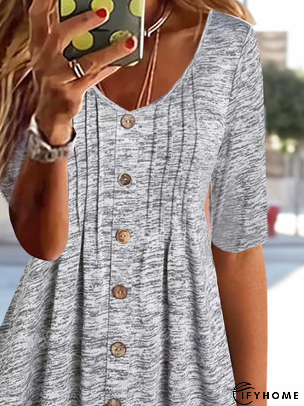 Women's half Sleeve Tunic Top Plain Casual Daily Weekend Tunic Top Henley Shirt Plain Stitched Button Round Neck Basic Essential Casual Tunic Top | IFYHOME