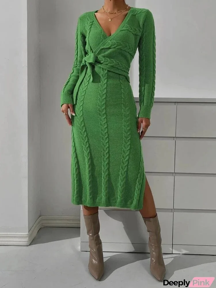 Stylish Long Sleeves Bandage Crochet Jacquard V-Neck Maxi Sweater Dresses