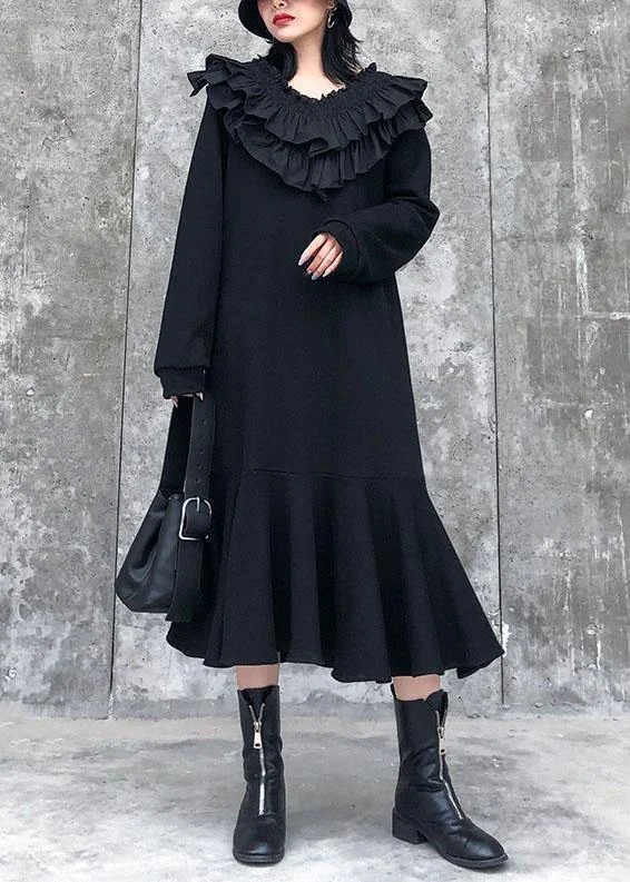 Modern black cotton quilting dresses Ruffled patchwork Maxi Dress