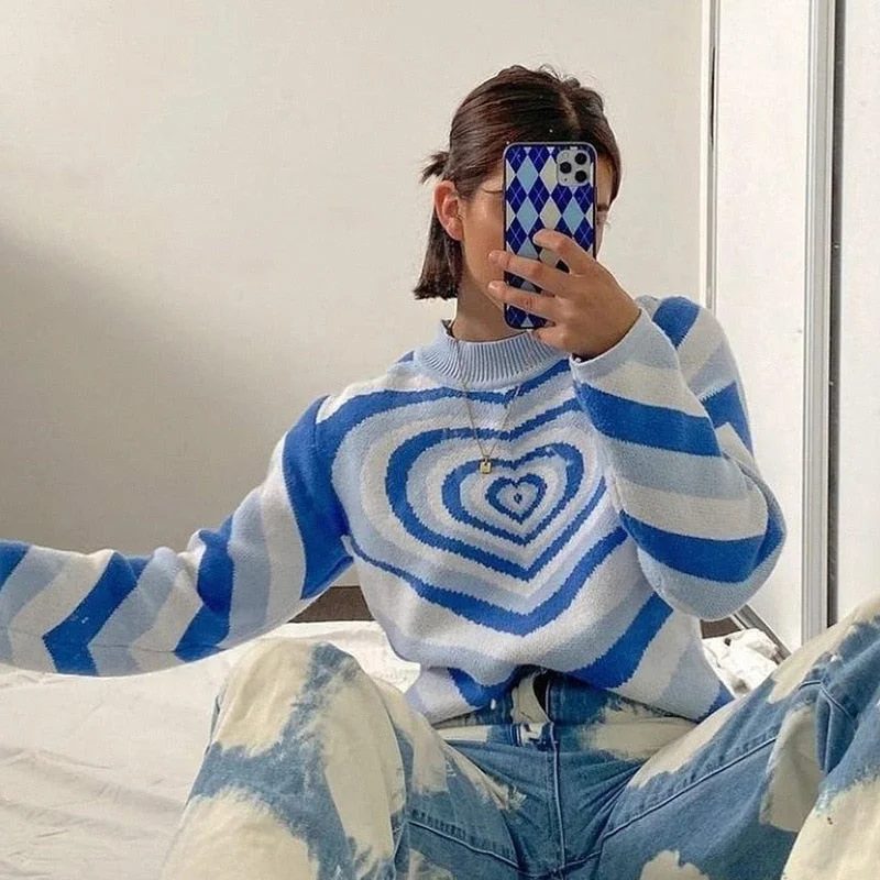 Knitwear Y2K Sweater Aesthetics Heart Striped Turtleneck Pullovers Girls Sweet Long Sleeve Harajuku 90s Streetwear Fashion 2021
