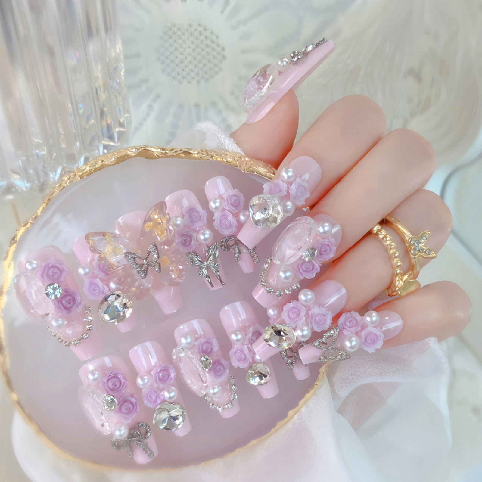 24Pcs Long False Nails Diamond Pearl Glitter Design Press on Nails Tips Art Fake Nails Forms Reusable Set Acrylic Artificial