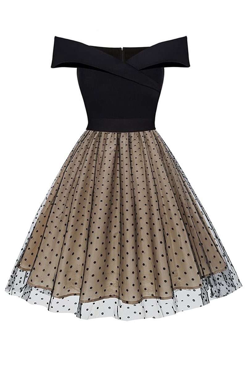 1950s Retro Black Polka Dot Mesh Patchwork Off Shoulder A-Line Midi Dress