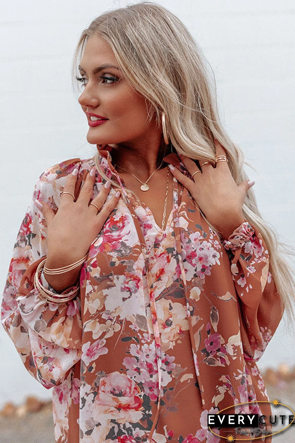 Multicolor Split V Neck Bubble Sleeves Floral Shift Top