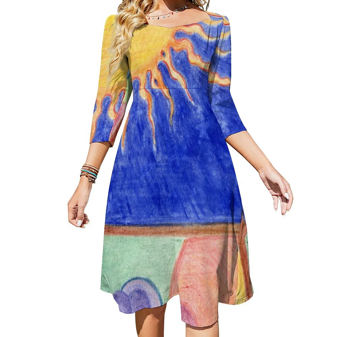Sun Burst Colored Pencil Drawing Yoga Dress Sweetheart Tie Back Flared 3/4 Sleeve Midi Dresses