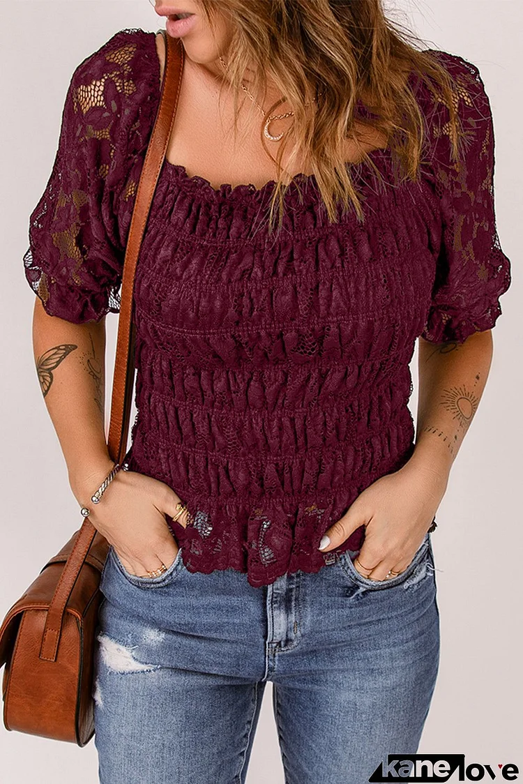 Red Lace Crochet Square Neck Top