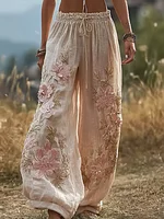Bohemian Retro Style Plant Flower Design Women's  Linen Casual Long Pants