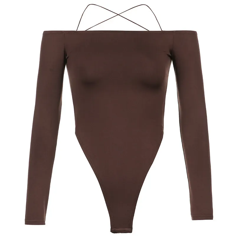 Uveng Uveng New Women's Dress Base Solid Color Sexy One-Word Shoulder Long Sleeve Backless Onesie
