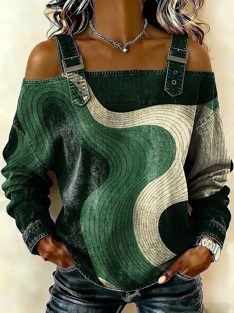 Women's Artistic Geometric Stripes Print Casual Cotton Denim Shirt