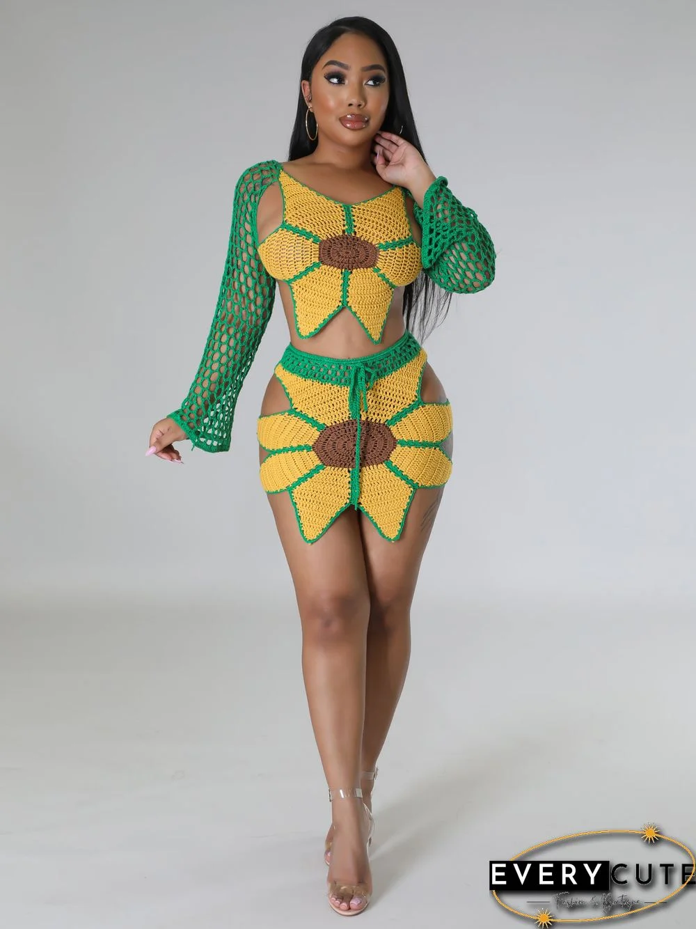 Hand-crochet Sunflowers Beachwear Cover Up 2 Piece Sets