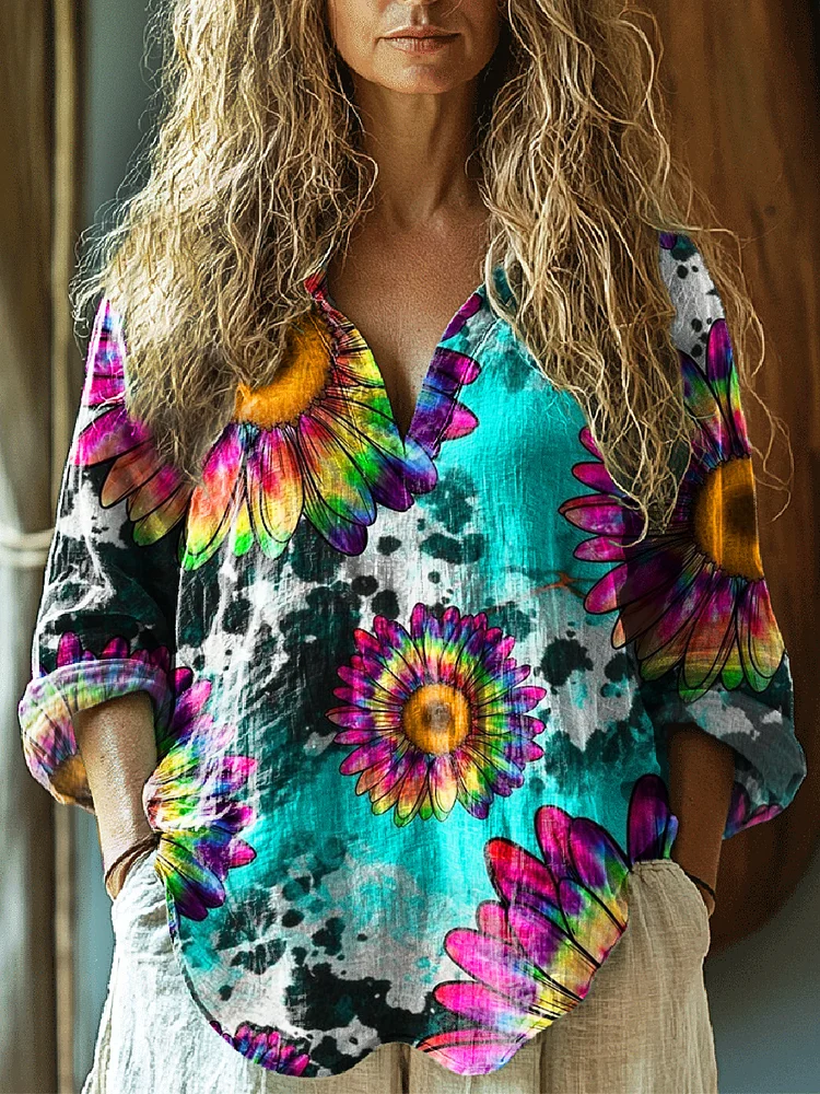 Women's Colorful Leopard Sunflower Print Casual Linen V-neck Shirt