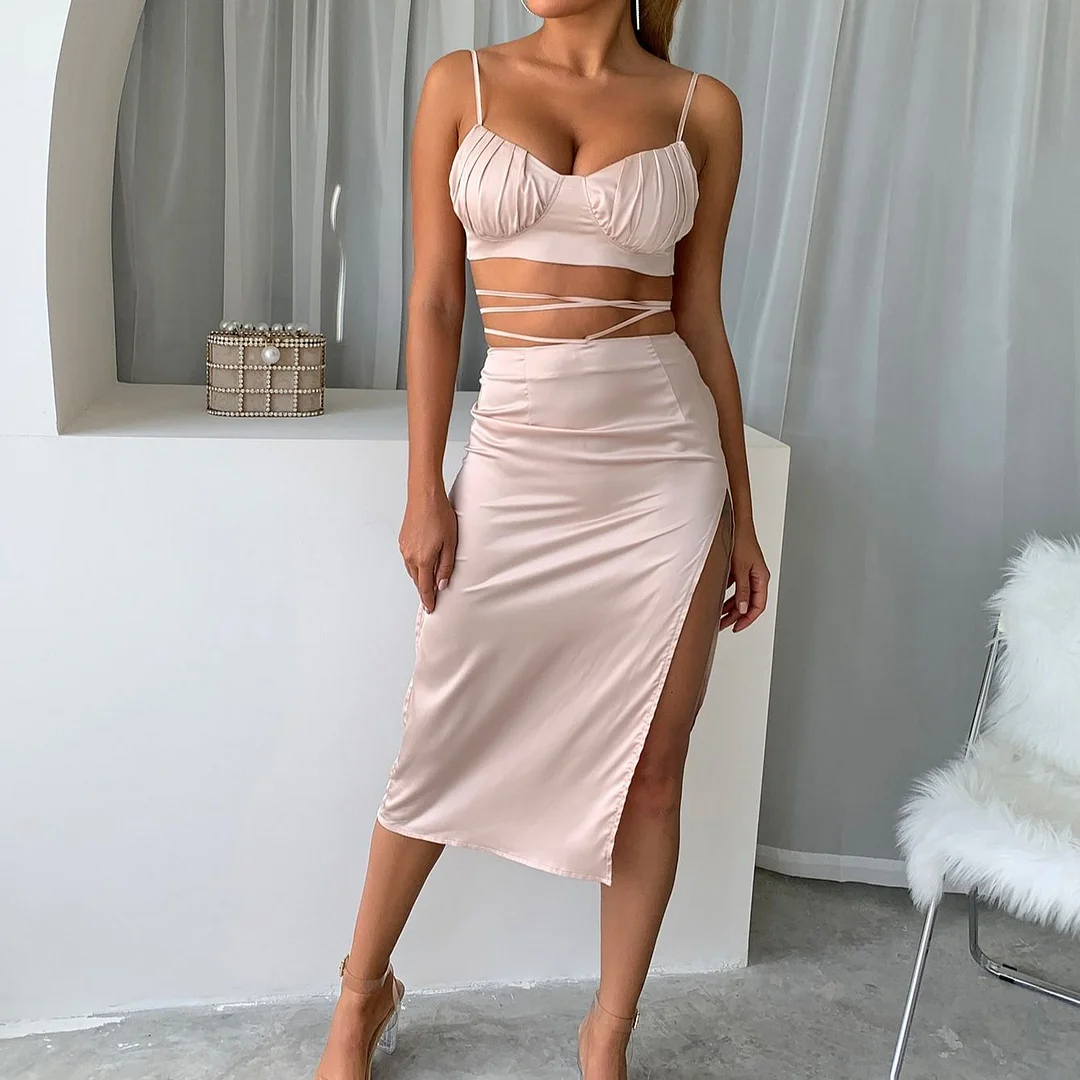 abebey Satin Hollow Out Lace Up 2 Piece Sets Women Spaghetti Strao Slim Skirt Sets Backless High Split  Party Women's Set