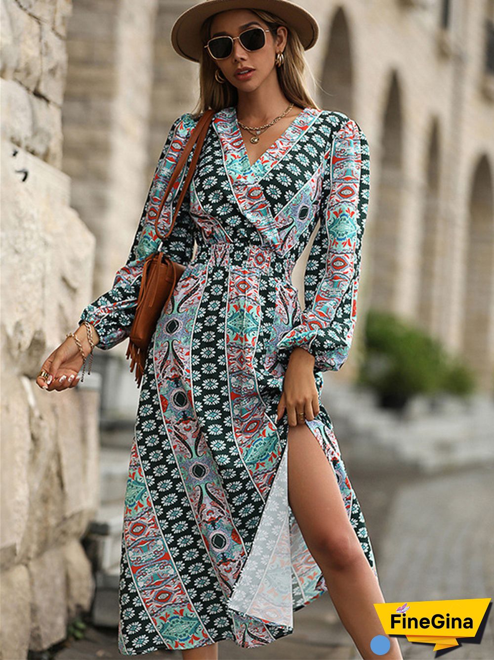 V-neck Long Sleeve Printed Bohemian Long Dress