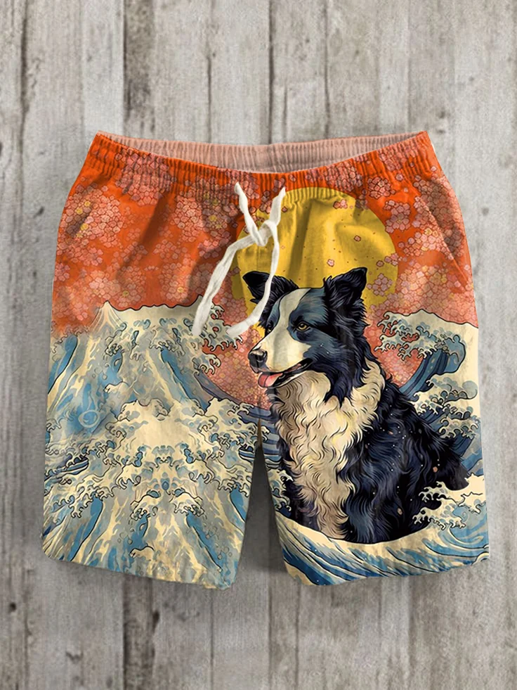Men's Border Collie Ukiyo-e Sunset Art Print Casual Shorts
