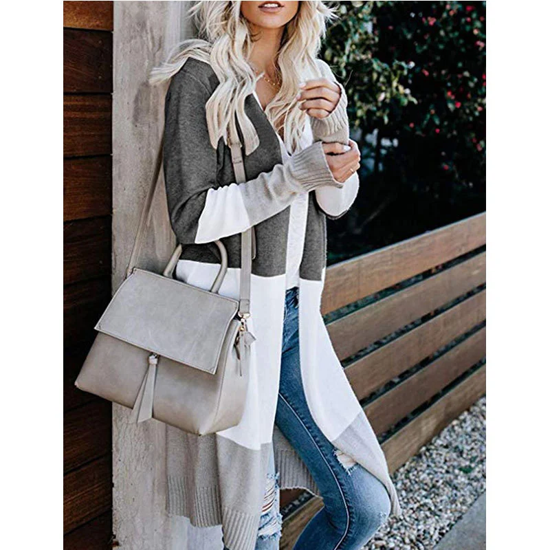 Athvotar Athvotar Clamming Long Knitted Sweater Rainbow Spliced Striped Cardigan Sweater Coat Women's Autumn And Winter