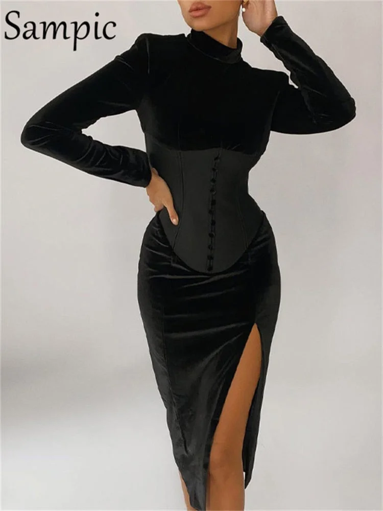 Sampic Turtleneck Velvet Winter Corset Dress For Women Sexy Club 2022 Black Party Bodycon Midi Fashion Long Sleeve Dresses