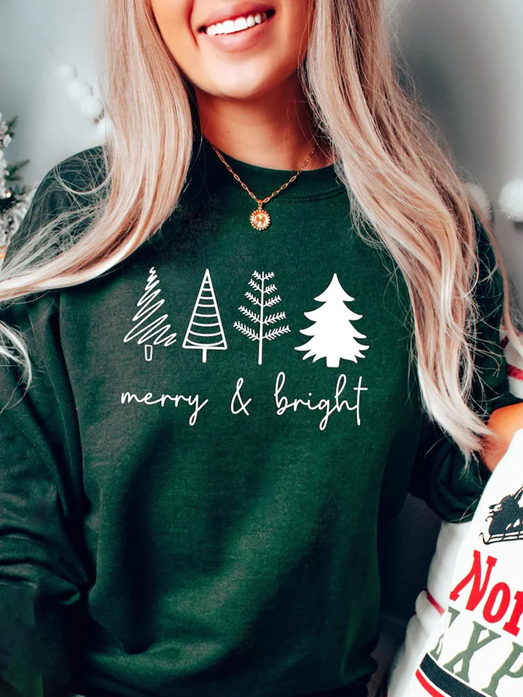 Merry + Bright Christmas Tree Modern Dainty Holiday Gildan 18000 Sweatshirt