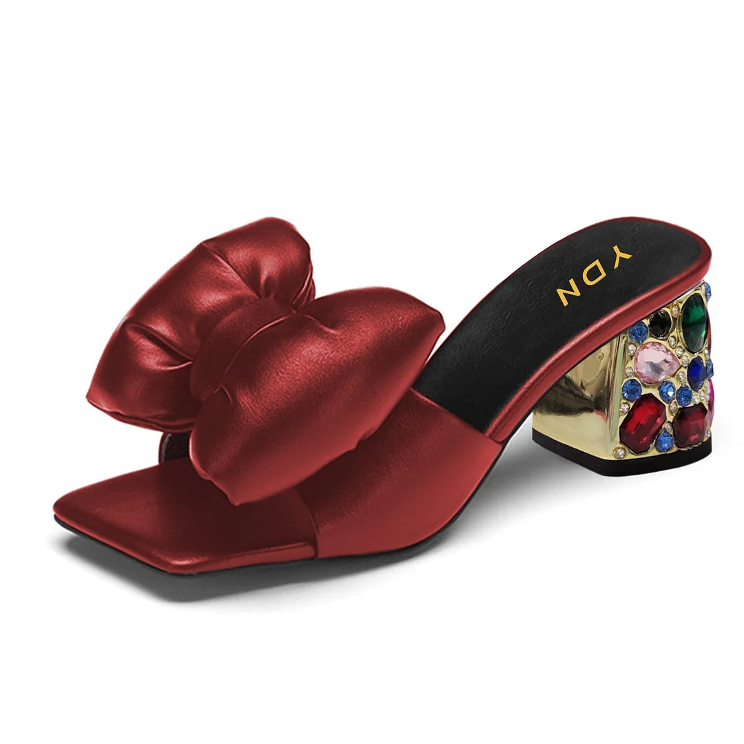 Maroon Open Square Toe Wide Band Rhinestone Bow Mules for Women