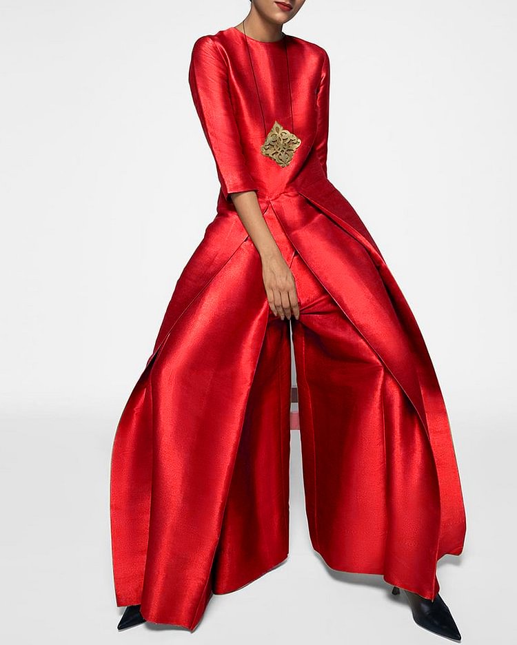 Long-sleeved satin solid color jumpsuit