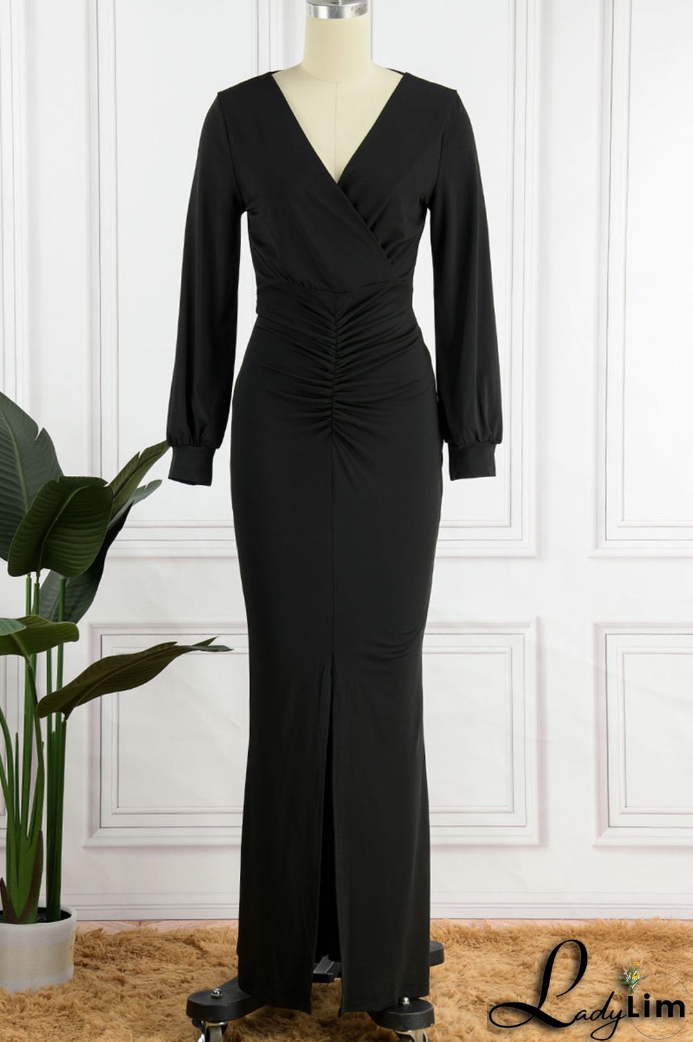 Coffee Sexy Solid Fold V Neck Asymmetrical Dresses