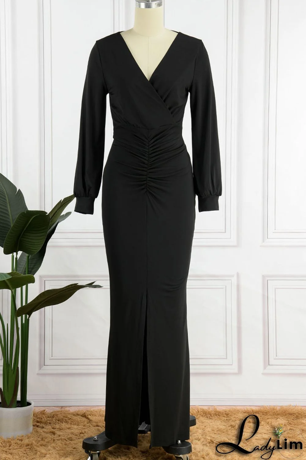 Coffee Sexy Solid Fold V Neck Asymmetrical Dresses