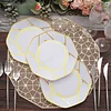 10 Pack | 8" White / Gold Geometric Design Plastic Dessert Plates, Disposable Octagon Salad/Appetizer Party Plates