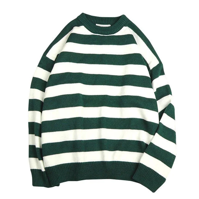 Autumn Green Striped Knitted Sweater Women Winter Pullovers Casual Oversized Sweaters Loose Harajuku Couple Sueter De Mujer