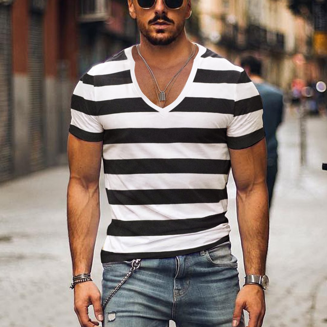 Men's Retro Stripes T-Shirt Casual Breathable V-neck Top、、URBENIE