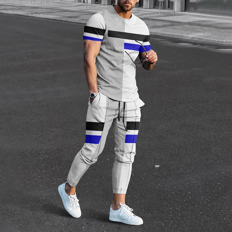 Men's Colorblock Geometric Print T-Shirt And Pants Co-Ord