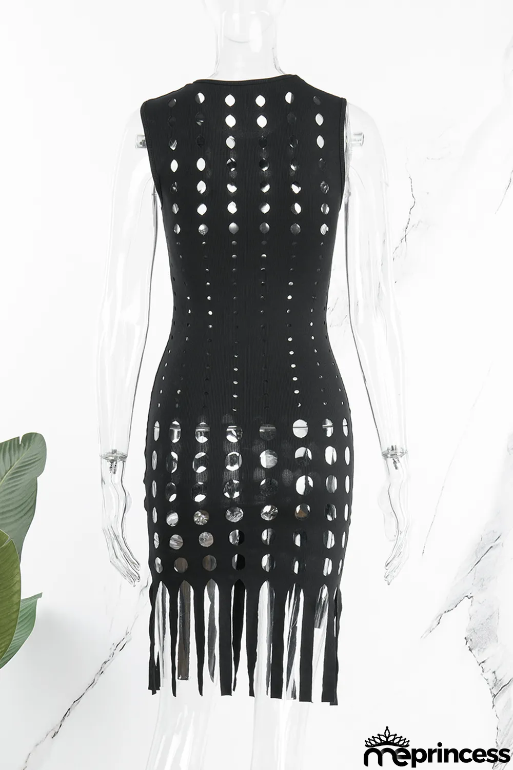 Black Sexy Casual Solid Tassel Hollowed Out O Neck Sleeveless Dress Dresses