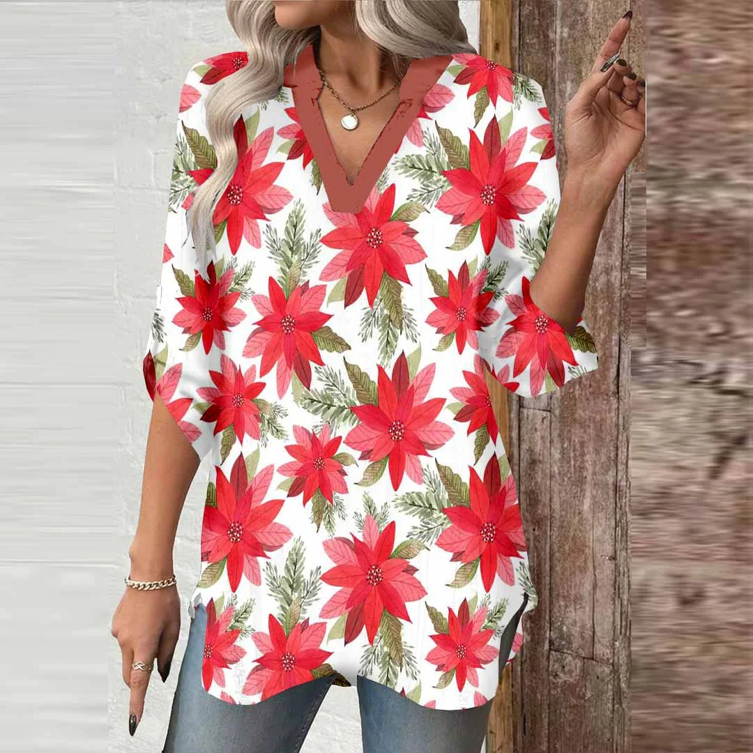 Women Christmas Flower, Red, Green DZGA0745 3/4 Sleeve V-neck Printed Graphic Button Tops