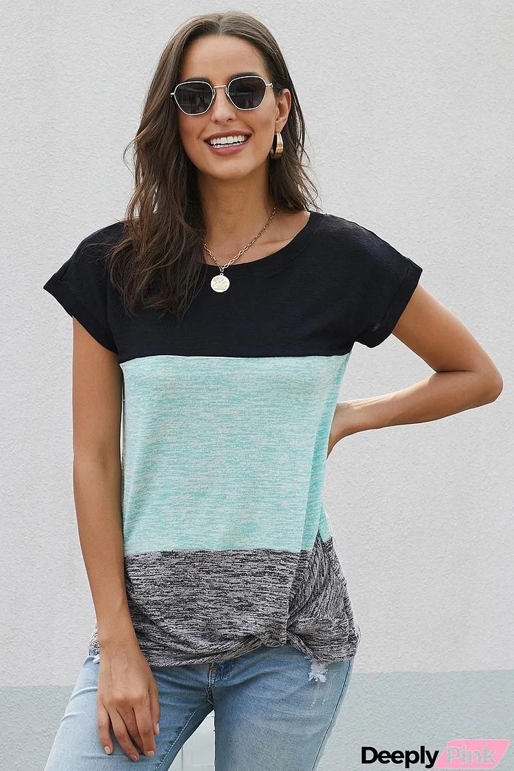 Casual Green Color Block Twist Short Sleeve Tee