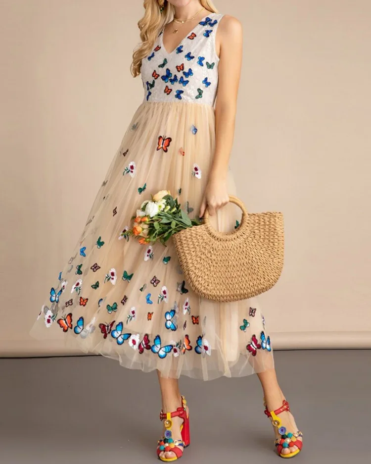 Women's Butterfly Embroidered Chiffon Swing Dress