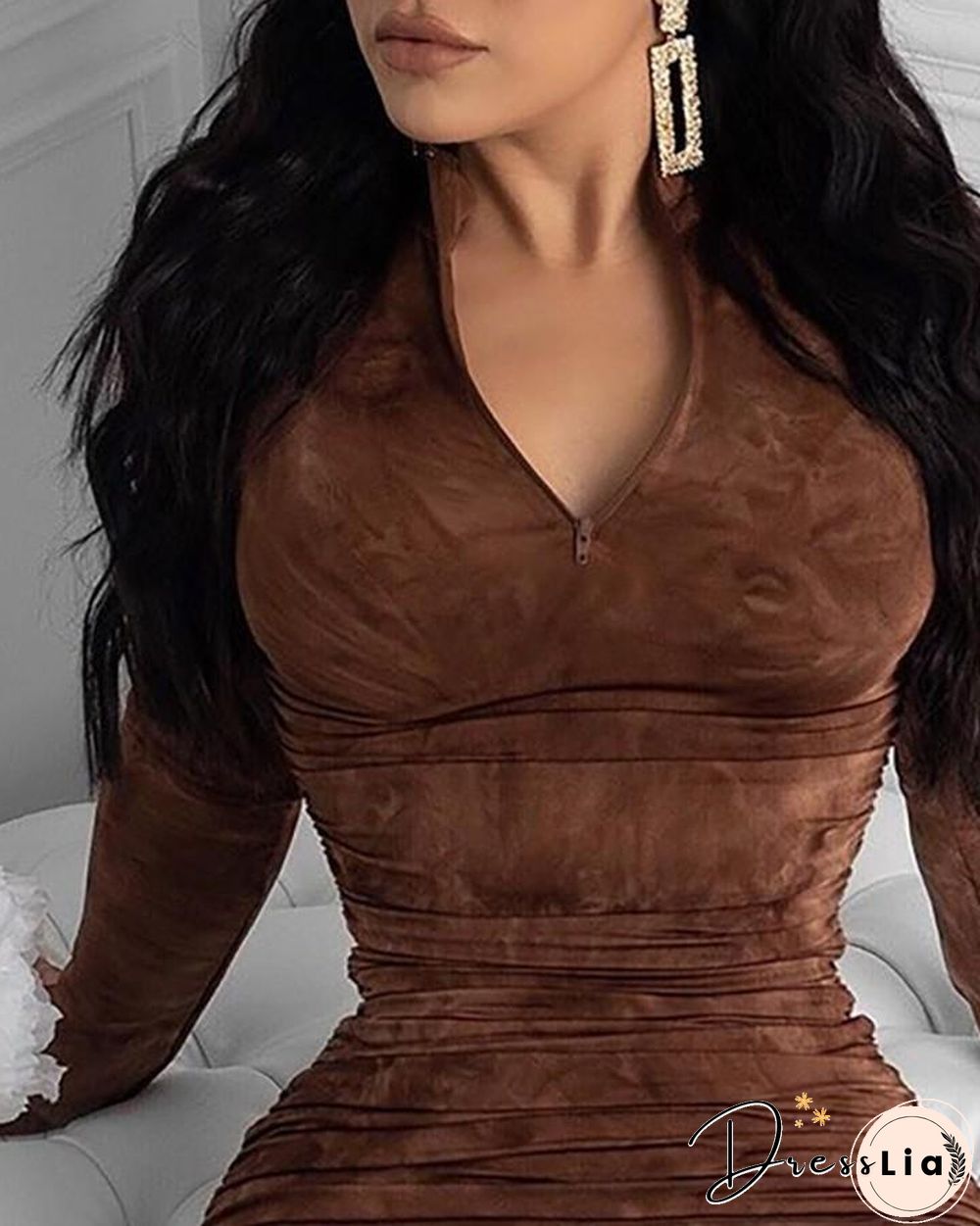 Plain Long Sleeve Ruched Bodycon Dress P13992