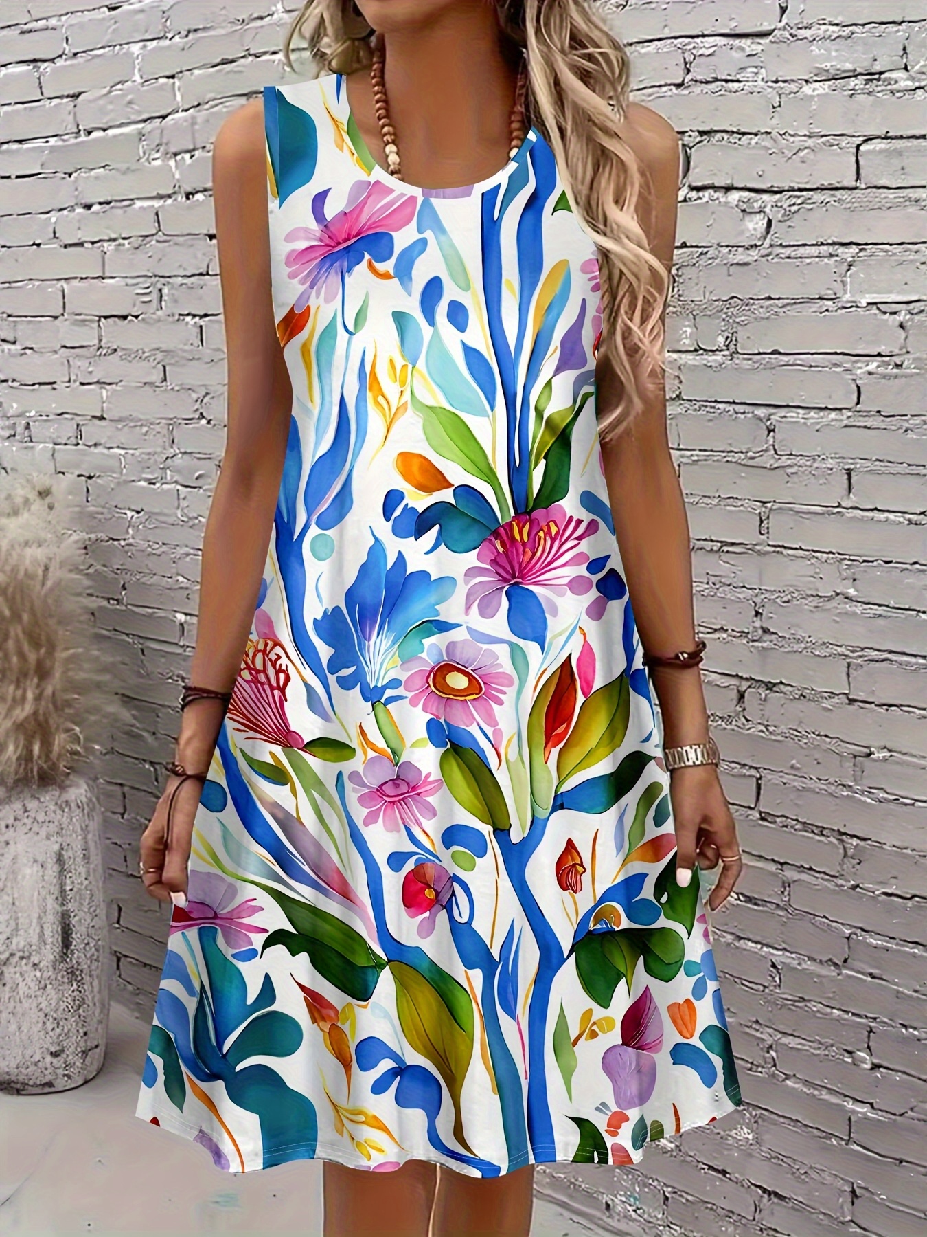 3d Women's Sleeveless A-Line Dress- Bright Floral Print Round Neck Summer Dress, Stretchable Machine Washable Fabric, Casual Comfortable Wear For Spring And Summer, Fashionable Women's Style, Non-Transparent Material | IFYHOME