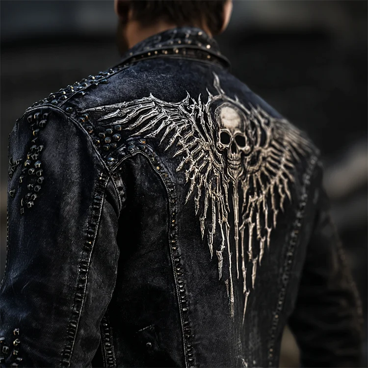 Men's Skull & Skeleton Wings Rock Studded Washed Denim Jacket