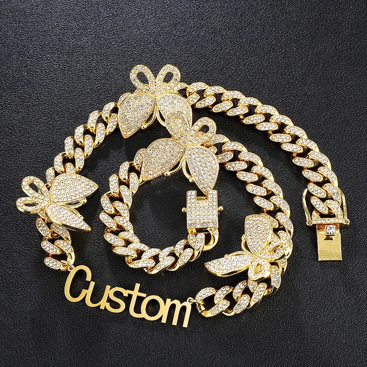 Custom Name Letter With 13MM Butterfly Iced Out Cuban Chain Personalized Necklace