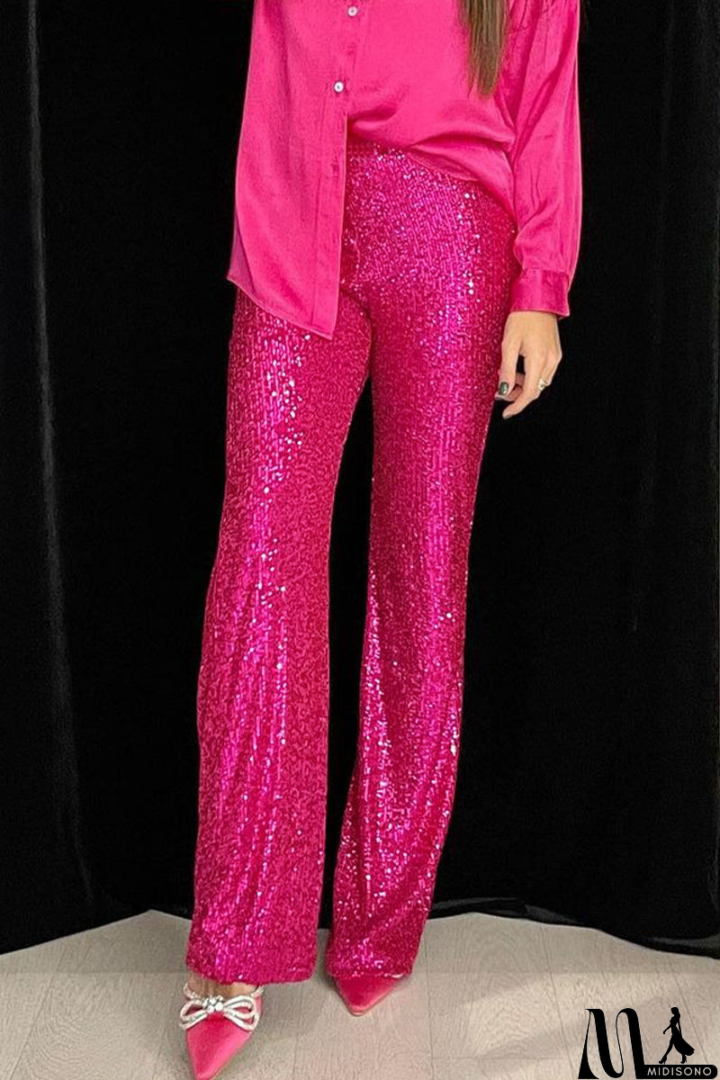 MidiSono - Casual British Style Solid Sequins Loose Low Waist Straight Solid Color Bottoms