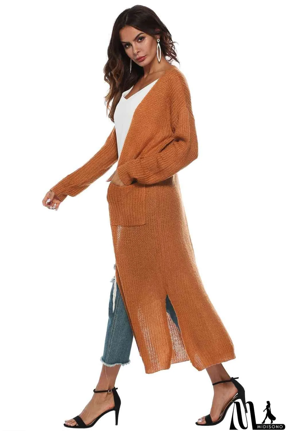 MidiSono - Long Sleeve Open Front Buttoned Cardigan