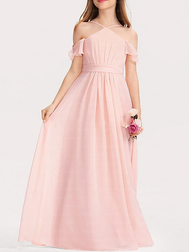 Hellodresses Short Sleeve Spaghetti Strap A-Line Flower Girl Dress Floor Length With Bow
