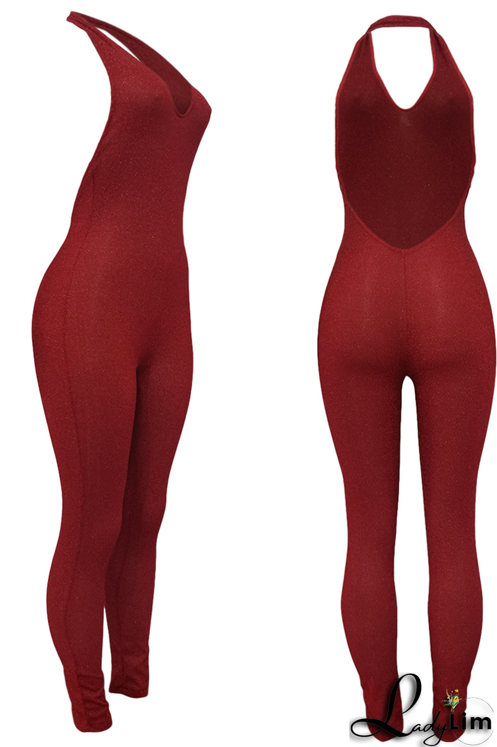 Pink Sexy Solid Patchwork Halter Skinny Jumpsuits