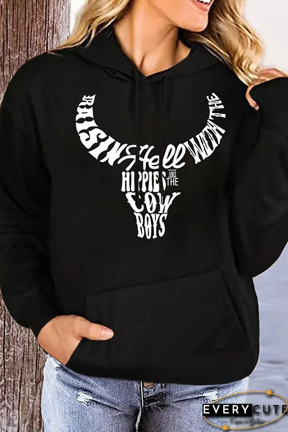 Letter Graphic Print Pocket Long Sleeve Sweatshirt